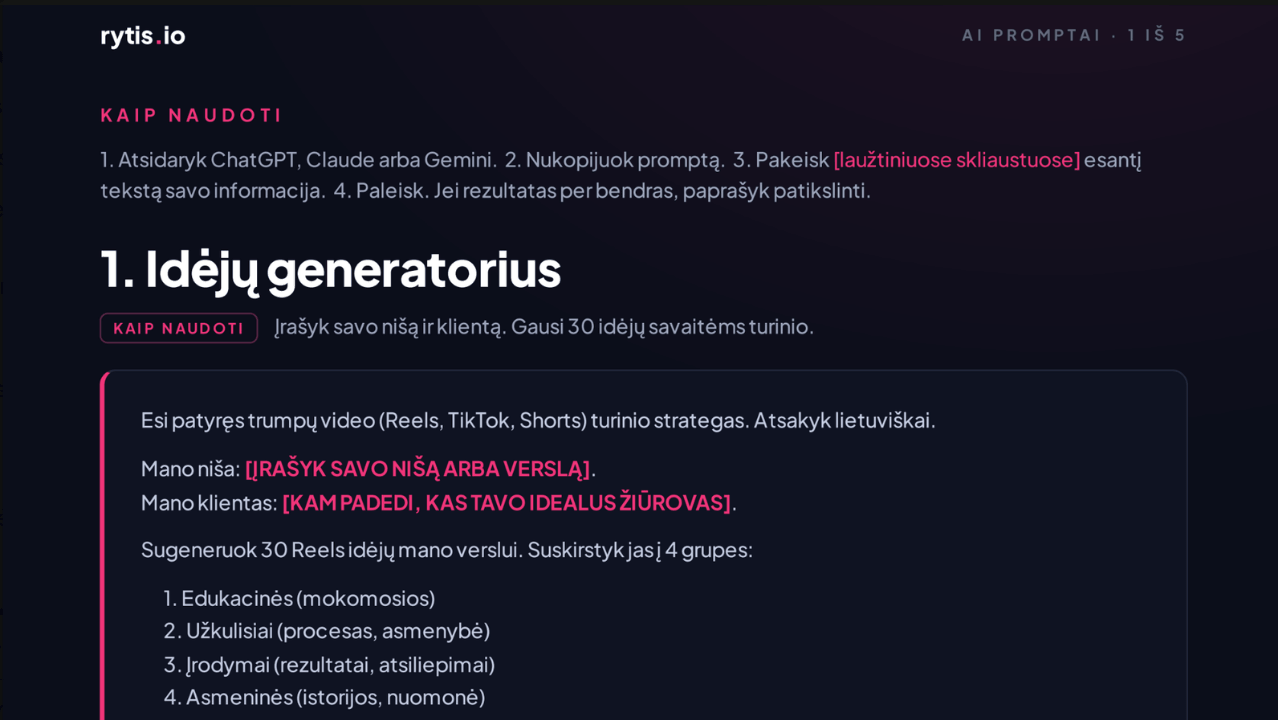 5 AI promptai Reels idėjoms ir scenarijams generuoti
