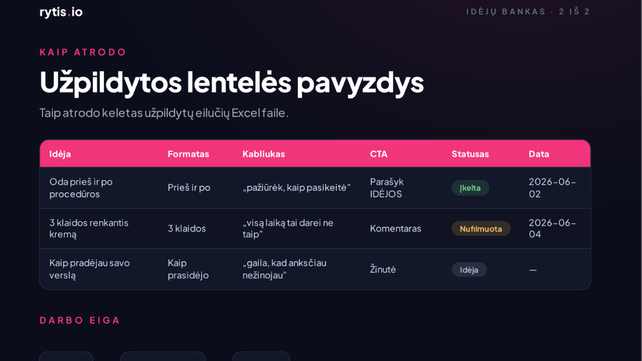 Reels idėjų bankas Excel su instrukcija iš Starto rinkinio