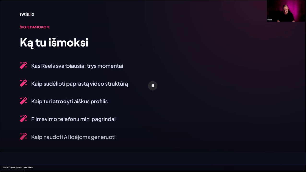 Reels Starto rinkinio video pamoka, suskirstyta į 5 modulius